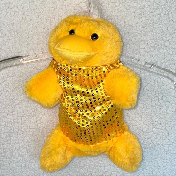 Like-new plush duck tote/backpack, yellow with gold sequins & waterproof pouch - Picture 3 of 6